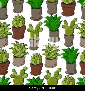 Seamless pattern of different cacti. Cute vector background of flowerpots. Tropical wallpaper in green colors. The trendy image is ideal for fabrics, Stock Vector
