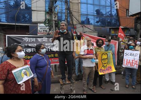 Kolkata, India. 06th July, 2021. Human Rights activists protest over Father Stan Swamys death in Kolkata. (Photo by Sandip Saha/Pacific Press) Credit: Pacific Press Media Production Corp./Alamy Live News Stock Photo