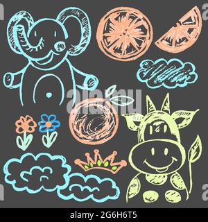Cute childish drawing with colored chalk on a gray background. Pastel chalk or pencil funny doodle style vector. Elephant, cow, oranges, clouds Stock Vector