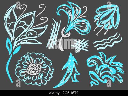 Cute childish drawing with colored chalk on a gray background. Pastel chalk or pencil funny doodle style vector. Floral Art Elements Stock Vector