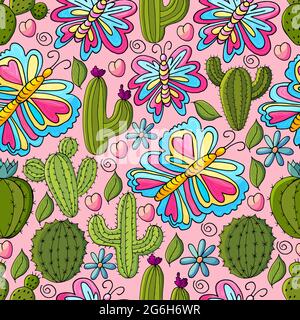 Seamless botanical illustration. Tropical pattern of different cacti, aloe, exotic animals. Butterflies, flowers hearts Stock Vector