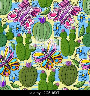 Seamless botanical illustration. Tropical pattern of different cacti, aloe, exotic animals. Colorful Butterflies, flowers, leaves Stock Vector