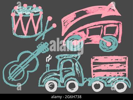 Cute childish drawing with colored chalk on a gray background. Pastel chalk or pencil funny doodle style vector. Drum, guitar, race car, train Stock Vector