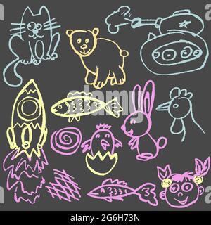 Cute childish drawing with colored chalk on a gray background. Pastel chalk or pencil funny doodle style vector. Tank, rocket, cat, chick Stock Vector