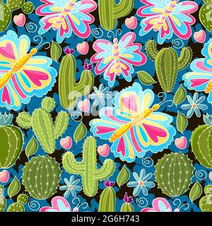 Tropical pattern of various cacti, aloe. Seamless botanical illustration. Butterfly, flowering exotic plants Stock Vector