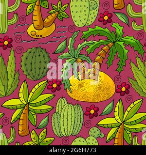 Seamless botanical illustration. Tropical pattern of different cacti, aloe, exotic animals. Palm trees, flowers Stock Vector