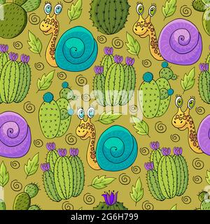 Seamless botanical illustration. Tropical pattern of different cacti, aloe, exotic animals. Snails, flowers Stock Vector