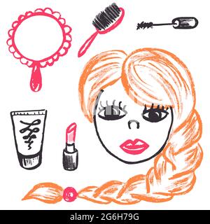 Cute childish drawing with wax crayons on a white background. Pastel chalk or pencil funny doodle style vector. Female beauty and cosmetics, mirror, c Stock Vector