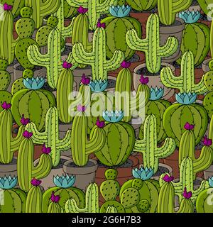 Vector seamless pattern of different cacti. Cute background from tropical plants. Exotic wallpaper in green colors. The trendy image Stock Vector