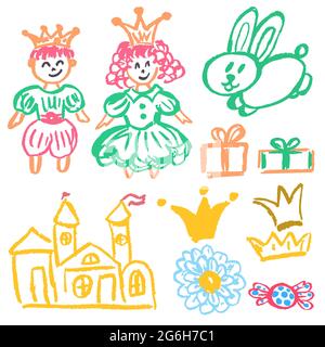 Cute childish drawing with wax crayons on a white background. Pastel chalk or pencil funny doodle style vector. Castle, hare, king, queen Stock Vector