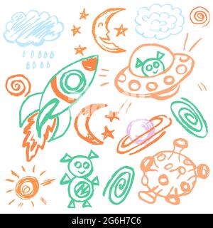Cute childish drawing with wax crayons on a white background. Pastel chalk or pencil funny doodle style vector. Outer space, ufo, rocket, moon Stock Vector