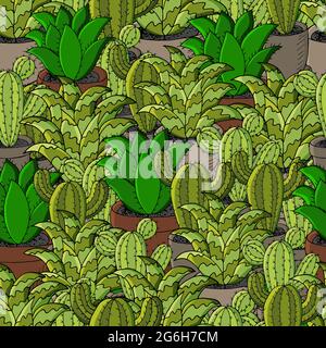 Vector seamless pattern of different cacti. Cute background from tropical plants. Exotic wallpaper. Trendy image Stock Vector