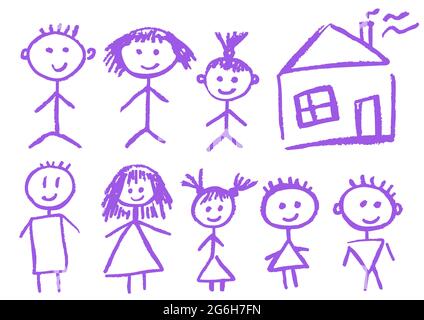 Cute childish drawing with wax crayons on a white background. Pastel chalk or pencil funny doodle style vector. House, children, people Stock Vector