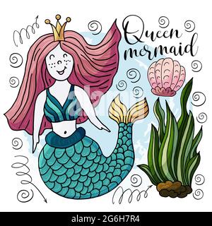 Vector illustration of a fabulous mermaid. Cartoon character for cards, banners, children's books. Seaweed, corals, shells. Queen mermaid Stock Vector