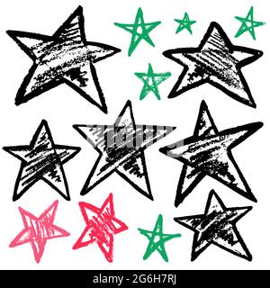 Cute childish drawing with wax crayons on a white background. Pastel chalk or pencil funny doodle style vector. Set of doodle stars Stock Vector