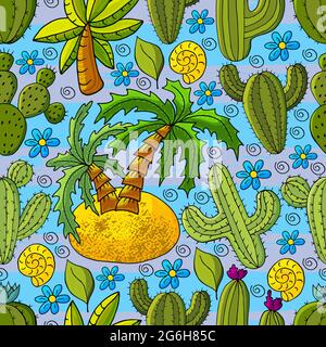 Seamless botanical illustration. Tropical pattern of different cacti, aloe, exotic animals. Palm tree, cockleshell, flowers Stock Vector