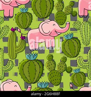 Seamless botanical illustration. Tropical pattern of different cacti, aloe. Elephants, exotic plants Stock Vector