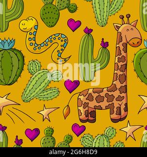 Seamless botanical illustration. Tropical pattern of different cacti, aloe, exotic animals. Giraffe, snake, stars hearts Stock Vector