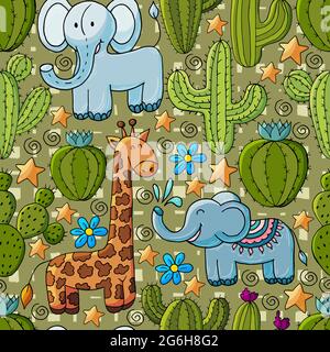 Tropical pattern of different cacti, aloe, exotic animals. Seamless botanical illustration. Elephant, giraffe, stars colorful flowers Stock Vector