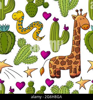 Seamless botanical illustration. Tropical pattern of different cacti, aloe, exotic animals. Giraffe, snake, stars colorful hearts Stock Vector