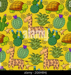 Seamless botanical illustration. Tropical pattern of different cacti, aloe, exotic animals. Giraffe, turtle flowers Stock Vector