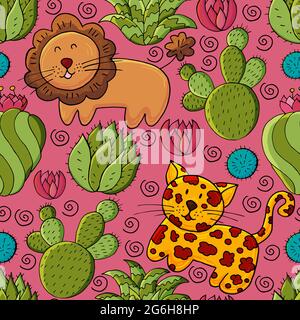 Seamless botanical illustration. Tropical pattern of different cacti, aloe, exotic animals. Lion, leopard flowers Stock Vector