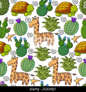 Seamless botanical illustration. Tropical pattern of different cacti, aloe, exotic animals. Giraffe, turtle, colorful flowers Stock Vector