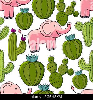 Seamless botanical illustration. Tropical pattern of different cacti, aloe. Elephants, flowering exotic plants Stock Vector