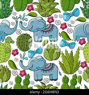 Seamless botanical illustration. Tropical pattern of various cacti, aloe. Elephants, bows, flowering exotic plants Stock Vector