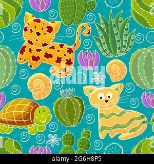 Seamless botanical illustration. Tropical pattern of various cacti, aloe. Leopard, cat, turtle colorful flowers Stock Vector