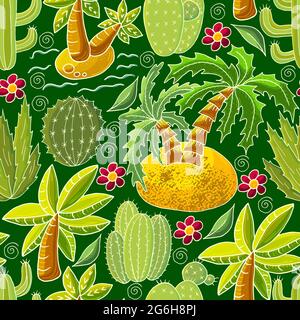 Seamless botanical illustration. Tropical pattern of various cacti, aloe. Palm trees, flowers, flowering exotic plants Stock Vector