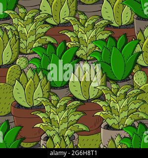 Vector seamless pattern of different cacti. Cute background from tropical plants. Exotic wallpaper in green colors. The trendy image is ideal for fabr Stock Vector