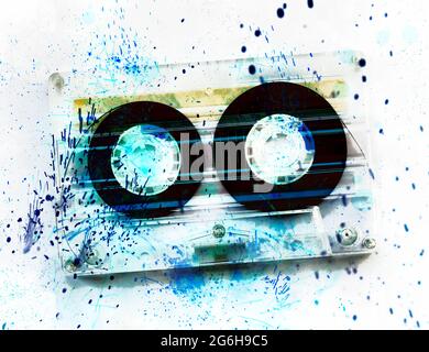 Illustration of a transparent plastic compact cassette audio tape with sparks on a white background Stock Photo