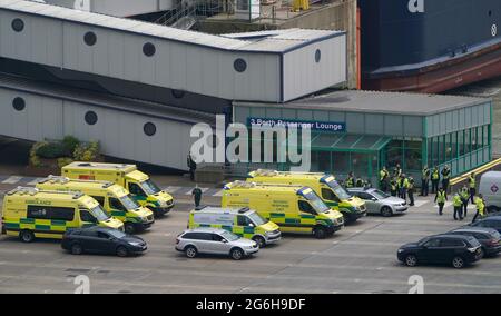 The scene at the Port of Dover in Kent, after eighteen migrants have been found on a ferry arriving in the UK, prompting a large emergency response. Picture date: Tuesday July 6, 2021. Stock Photo