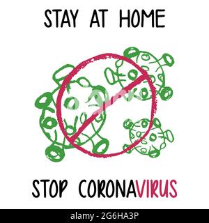 Children's drawing with wax crayons. Coronavirus pandemic self isolation, health care, protection. Novel Coronavirus Bacteria. No Infection and Stop C Stock Vector