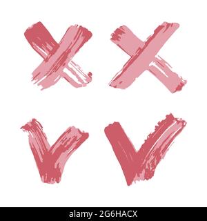 Checkmark and cross icons set. Hand drawing paint, brush drawing. Isolated on a white background. Doodle grunge style icon. Decorative. Outline, line Stock Vector