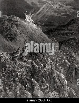 Apparition of Saint George on the Mount of Olives.  After Gustave Dore.  One of Dore's crusade series.  Here the crusade army is inspired by their vision of Saint George. Stock Photo