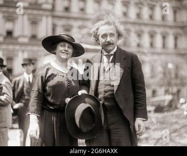 Albert Einstein with his wife Elsa in the early 1920's.  Albert Einstein, 1879 - 1955.  German born theoretical physicist.   Amongst many accomplishments he posited theories of General Relativity, Special Relativity, and mass–energy equivalence.  Elsa Einstein, 1876 - 1936.  German born second wife and cousin of Albert. Stock Photo