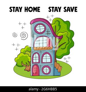 Coronavirus in China. Novel coronavirus (2019-nCoV). Stay at home concept illustration with house and trees modern cute style. Stay home club. Stay sa Stock Vector