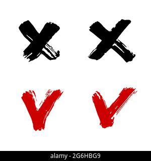 Checkmark and cross icons set. Hand drawing paint, brush drawing. Isolated. Doodle grunge style icon Stock Vector