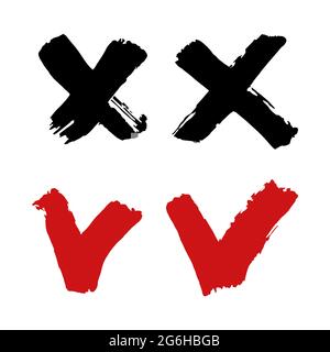 Checkmark and cross icons set. Hand drawing paint, brush drawing. Isolated on a white background. Doodle grunge style icon. Outline Stock Vector