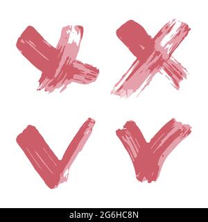 Checkmark and cross icons set. Hand drawing paint, brush drawing. Isolated on a white background. Doodle grunge style icon. Decorative element. Outlin Stock Vector