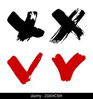 Checkmark and cross icons set. Hand drawing paint, brush drawing. Isolated on a white background. Doodle grunge style icon. Outline cartoon illustrati Stock Vector