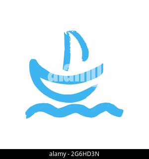 Ship, sailboat icon. Hand drawing paint, brush drawing. Isolated. Doodle grunge style icon. Outline icon, cartoon illustration Stock Vector