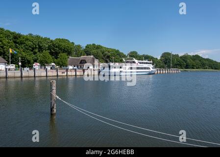 Hiddensee, Germany. 26th June, 2021. The ferry 'Insel Hiddensee' is moored in the harbour of Kloster. Credit: Stephan Schulz/dpa-Zentralbild/ZB/dpa/Alamy Live News Stock Photo