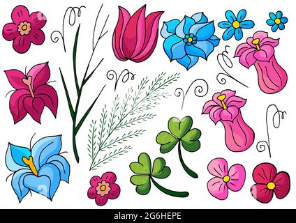 Collection of vector floral elements. Flowers and leaves in hand draw style. Elements for your design. Tulips and bells Stock Vector