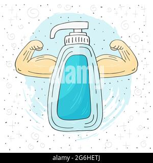 Antiseptic with strong hands, strong man. Vector illustration hand drawing design Stock Vector