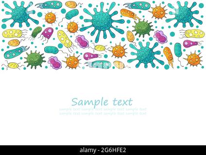 Rectangular flyer, banner. Set of cartoon microbes in hand draw style. Coronavirus, bacteria, microorganisms Stock Vector