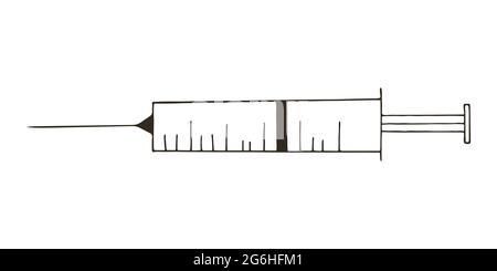 Contour medical icons. Vector illustration in hand draw style. Image is isolated on a white background. Medical instrument. Syringe, injection Stock Vector