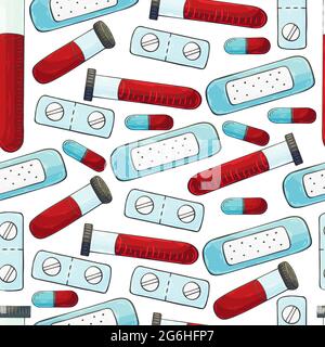Seamless pattern on a white background. Cartoon medical instruments in hand draw style. Medical plaster, test tubes, pills Stock Vector